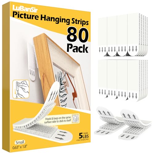 LuBanSir Picture Hanging Strips, 80 Pack Picture Hangers Without Nails for Home, Office, 5 lb, White