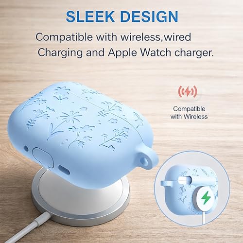Image of Emoh Roced Case for Airpods Pro 3,Silicone Flower Engraved Cases Compatible with Apple AirPods Pro 3rd Generation 2025, Shockproof, Anti-Scratch, Protective Case Cover (Sky Blue, for AirPods pro 3)