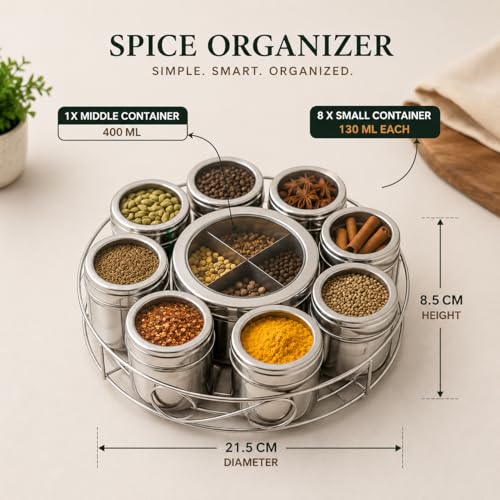 Image of STEEPLE 12 in 1 Stainless Steel Masala Box with Stand | Masala Dabba for Kitchen Storage | Spice Container with 8 Containers + 4 Section Middle Container | Steel Spice Box (22cm Diameter)