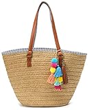 Obosoyo Straw Bags Beach Bag for Women Large Round Wicker Tote Bags Pompom Shoulder Bag Summer Purse...