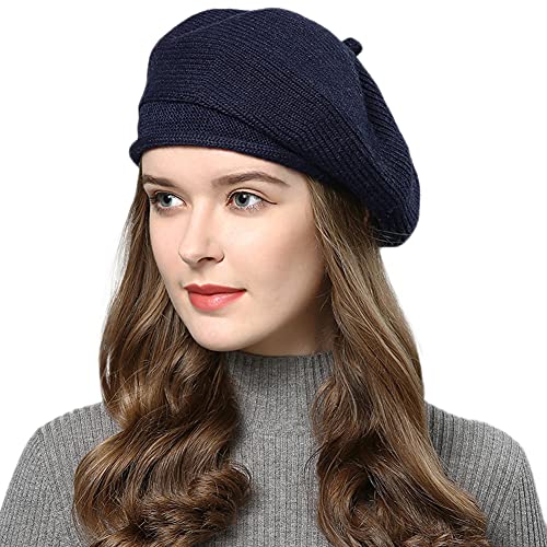 Women's Solid Knit Furry French Beret Chic Beanie - Fall Winter Paris Artist Cap Beanie Hat (Navy) #TOP25
