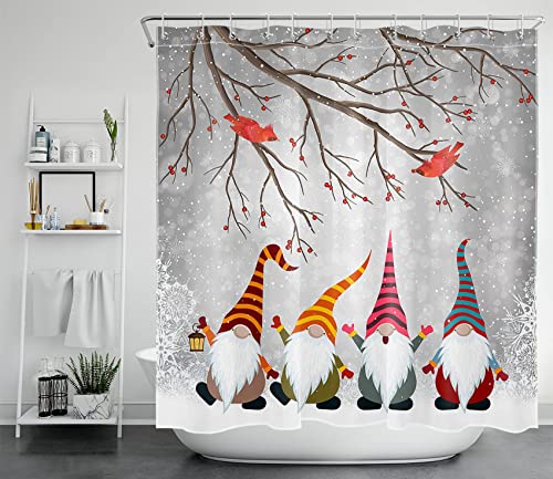 GOOESING Winter Christmas Shower Curtain Funny Gnome and Cardinals in Snowy Forest Bathroom Shower Curtain,Snow Scene Polyester Waterproof Polyester Fabric Bath Decor Accessories with Hooks