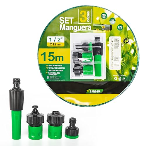 Manguera de Agua de Jardín 1/2 Pulgadas(12mm) 15m - Set Manguera con Conexión y Boquillas para Riego Reforzada 3 Capas -Presión de rotura de 20 bar