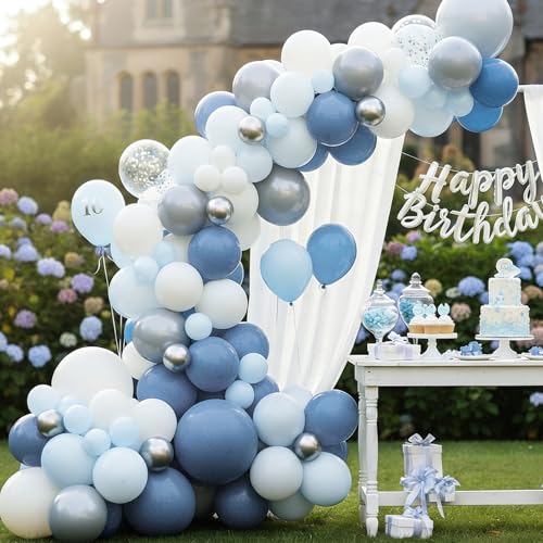 Image of RUBFAC Dusty Blue Balloons 129pcs Different Sizes Pack of 18 12 10 5 Inch, Latex Boho Neutral Blue Balloon Garland Arch Kit for Wedding Engagements Anniversary Baby Shower Birthday Party Decorations