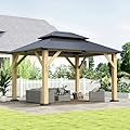 10'x12' Wood Gazebo, Outdoor Solid Wooden Gazebo with Double Roof Galvanized Steel Top, Hardtop Cedar Frame with Curtain & Netting for Garden, Patio, Deck, Backyard