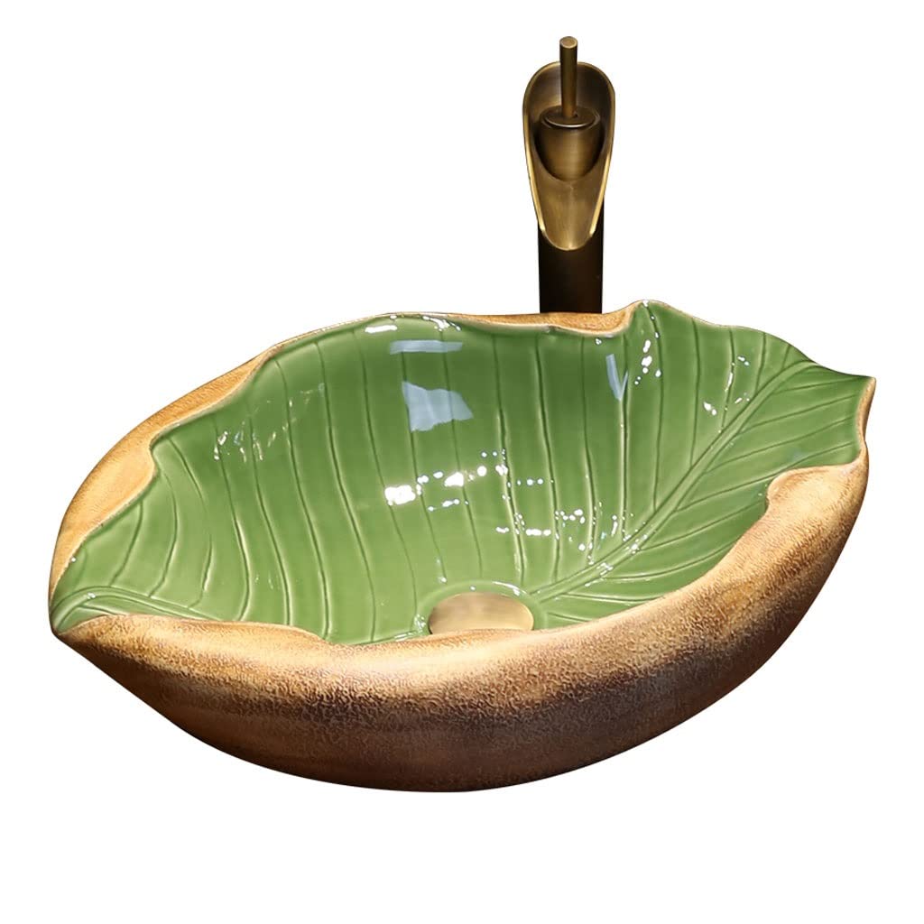 ADERFETBI Bathroom Sink Bathroom Vessel Sink Creative Ceramic Washbasin Leaf Art Countertop Basin Vanity with Faucet