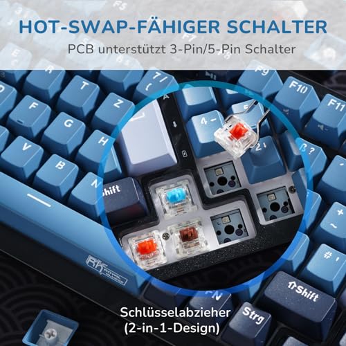 RK ROYAL KLUDGE RK98 Mechanische Tastatur Kabellose Gaming Tastatur 2.4G/Bluetooth 5.1/USB-C RGB Hinterleuchtet Deutsches Layout QWERTZ 100 Tasten Hot Swappable Roter Schalter, Blau – Bild 4