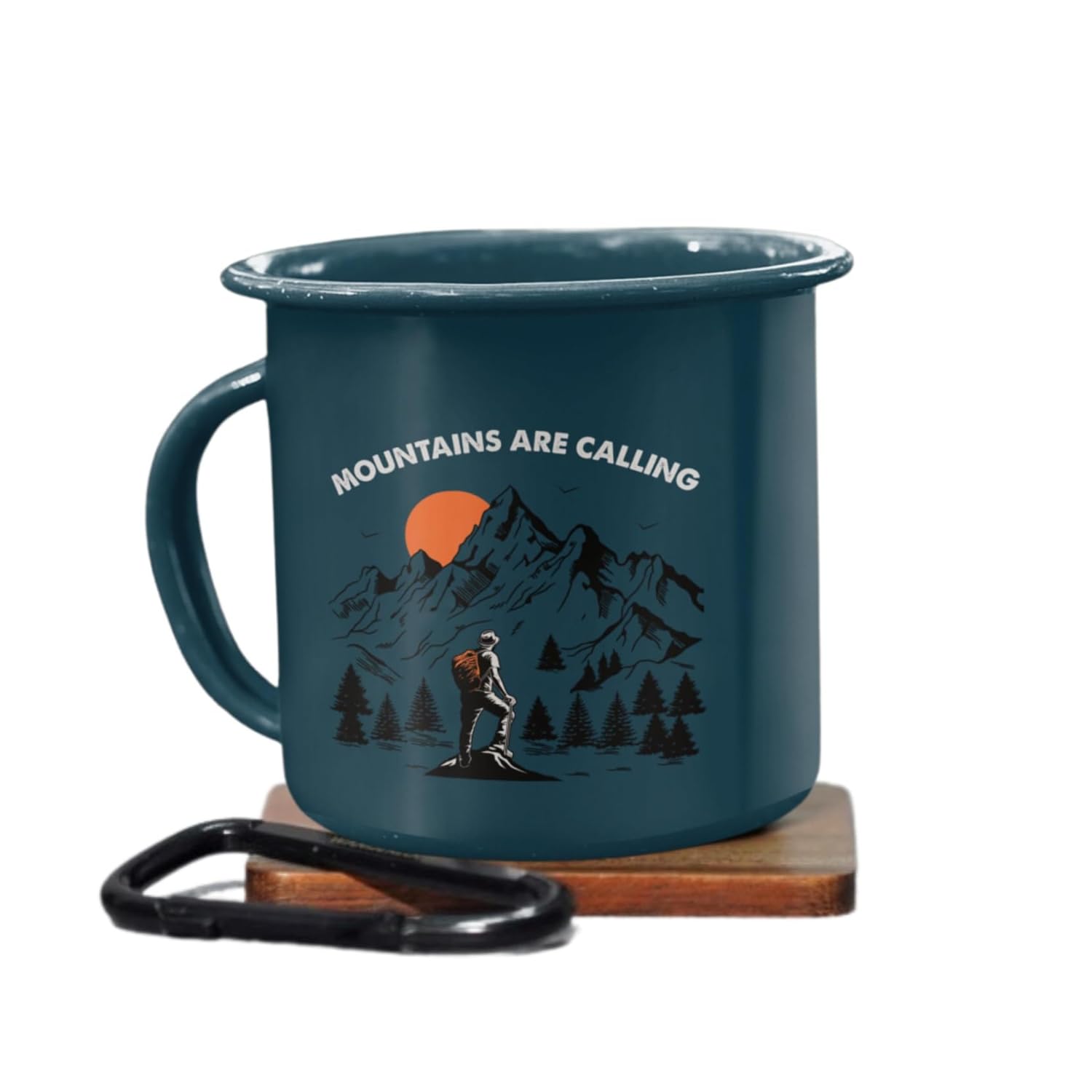 WANDERLOOMSPrinted Coffee Mug with Wooden Embossed Coaster and Carabiner | Food Grade Steel with Enamel Coating (400 ml, Teal Blue) (Mountains are Calling)
