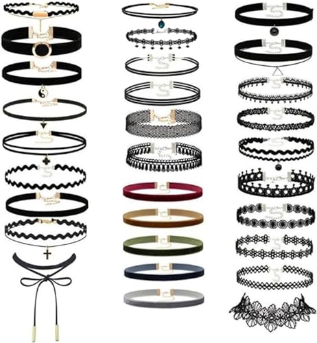 La Mejor Lista de Gargantillas Top 10. 44 BetterJonny 43 Piezas Gargantillas Elásticas para Mujer, Conjunto de Gargantillas de Terciopelo y Encaje con Colgante, Gótica