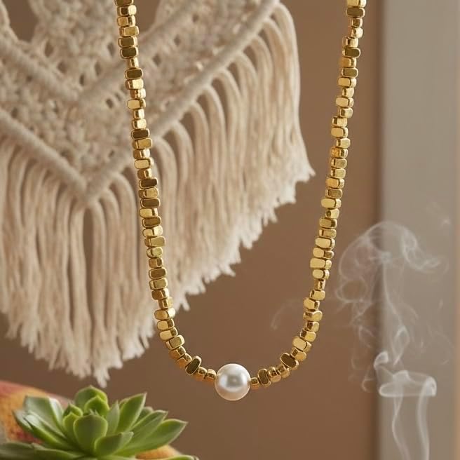 Elegant 18K Yellow Gold Plated over Stainless Steel Beaded Synthetic Pearl Necklace, Beach Boho Style Statement Jewelry for Women, 16-Inch Length with a 2-Inch Extension, Tarnish Resistant - Image 7