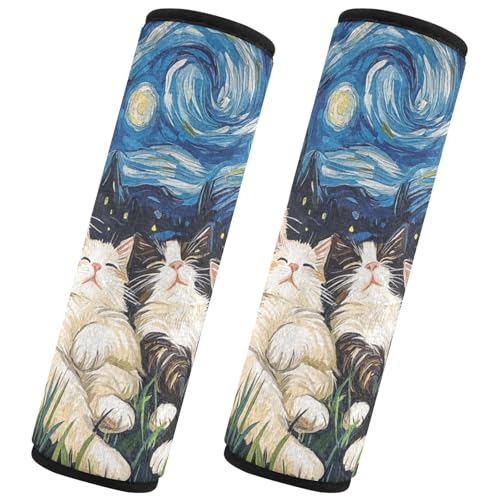 Image of Starry Night Floral Ragdoll Cats Cartoon Seat Belt Cover Pad 2 Pcs Soft Cute Seatbelt Covers Protector Support Head Neck Shoulder Strap for Car Seats High Chair Backpack for Adults Kids Women M