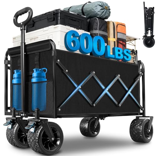 Image of 600LBS Beach Wagons Carts Foldable for Sand, Heavy Duty Collapsible Wagon with Brakes & All-Terrain Big Wheels, Large Foldable Folding Wagons for Beach Camp Sports Grocery, Portable