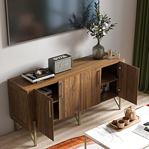 Roomfitters Mid Century Modern Tv Stand For Tvs Up To 65", Sideboard Buffet Cabinet With Storage, Credenza For Living Room, Entertainment Center With Doors, Walnut Media Console, Gold Legs #TOP6