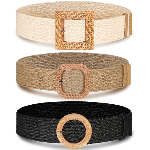 Syhood 3 Pieces Straw Woven Elastic Waist Belt for Women Bohemian Dress Braided Belt (Black, Khaki,...
