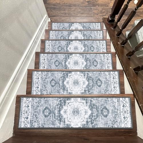 Ileading Boho Carpet Stair Treads for Wooden Steps 7 Pack 30" X 8" Non Slip Edging Indoor Stair Rug Runner Self Adhesive Stairway Grip Carpet Soft Step Treads Rug for Dogs Kids, Grey