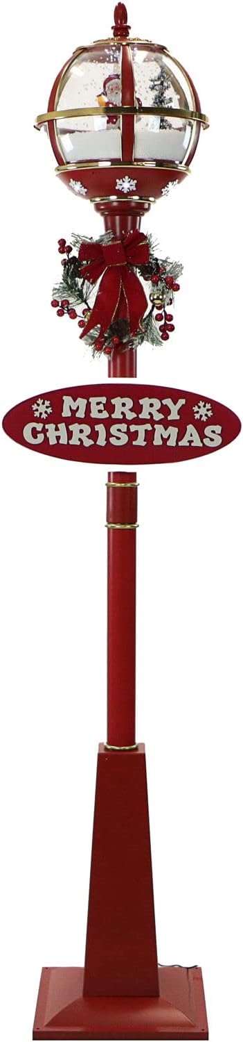 Fraser Hill Farm 69-in. Musical Snow Globe Lamp Post in Red with Santa Claus, Cascading Snow, and Christmas Music, Lighted Christmas Decoration for Living Room and Foyer