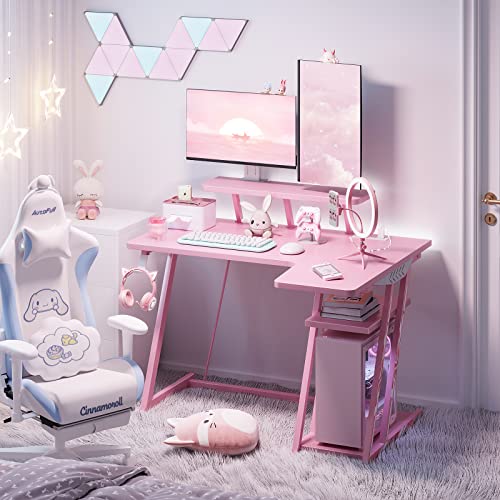 Motpk Small Corner Gaming Desk L Shaped With Storage Shelf & Power Outlets, Computer Desk With Monitor Shelf, Carbon Fiber Surface, Gamer Desk Gaming Table, Pink, 39 Inch #TOP1