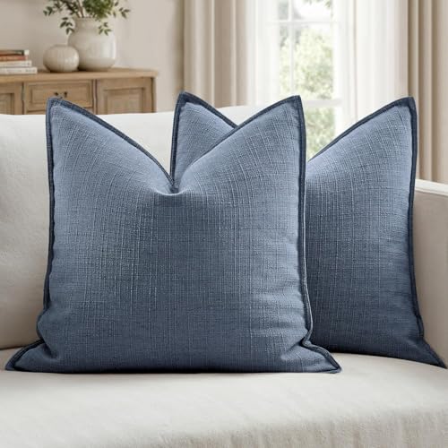 Image of MIULEE Pack of 2 Thick Textured Couch Throw Pillow Covers, Blue Decorative Pillow Covers 20x20, Neutral Linen Cushion Cases for Sofa Bed Living Room Modern Farmhouse Home Decor, No Filling