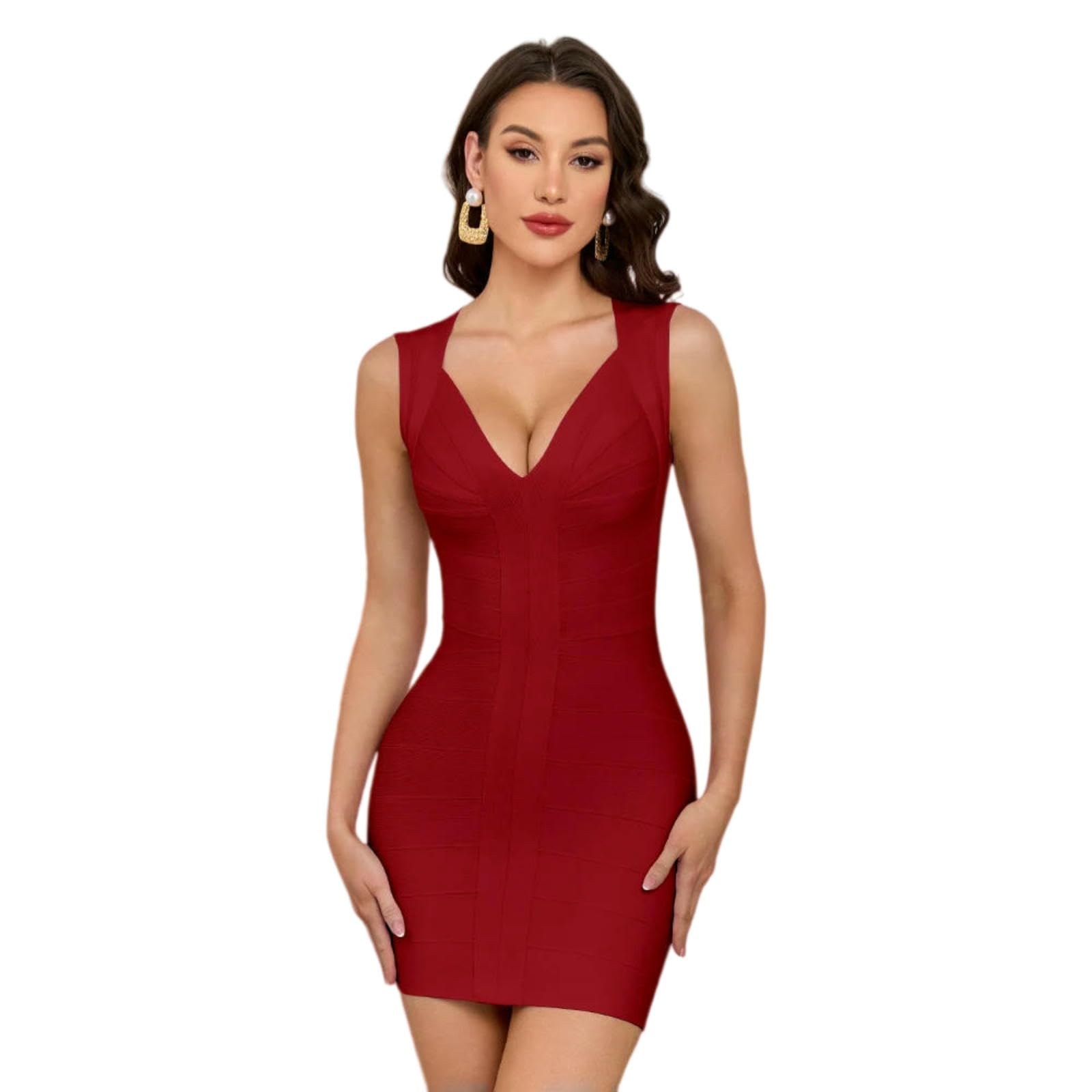 Vestito Elegante Donna Bandage Bodycon Mini Abito Slim Fit Plunge V Collo A Maglia Righe per Club Party Evening Outfit-Pink-s