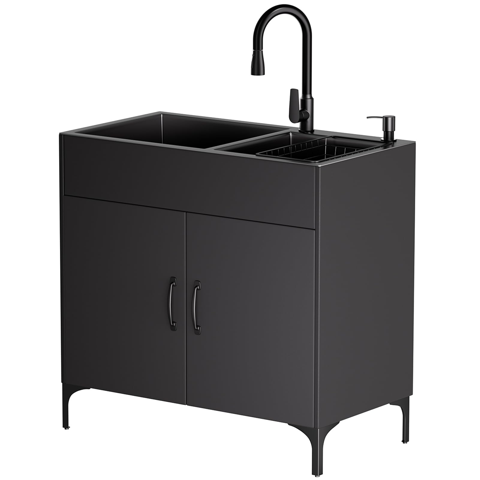 Spülenschrank mit Spüle und Armatur Edelstahl Gewerbliche Spültisch Doppelbecken Küchenspüle mit Entwässerungskorb und Abflusseinheit für Outdoor Küche und Camping Waschbecken (Schwarz, 81*43*85cm)
