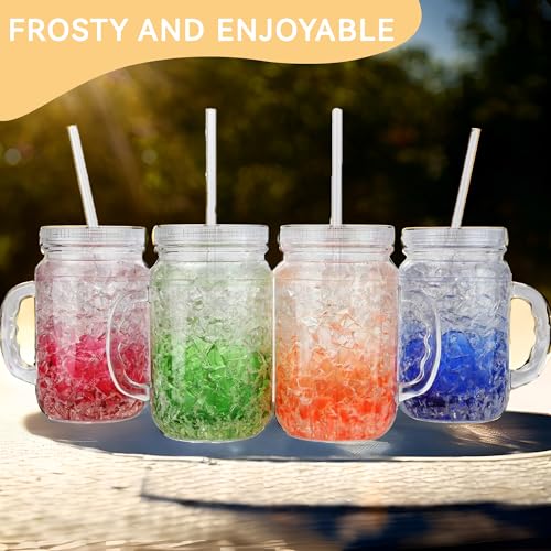 Image of Lily's Home Old Fashioned Glasses with Lids Straws and Handles, 16 oz Set of 4 - Clear Acrylic Tumbler Cups with Color Accents, Reusable Party Drinkware for BBQ, Poolside, Outdoor Events & Home Bar