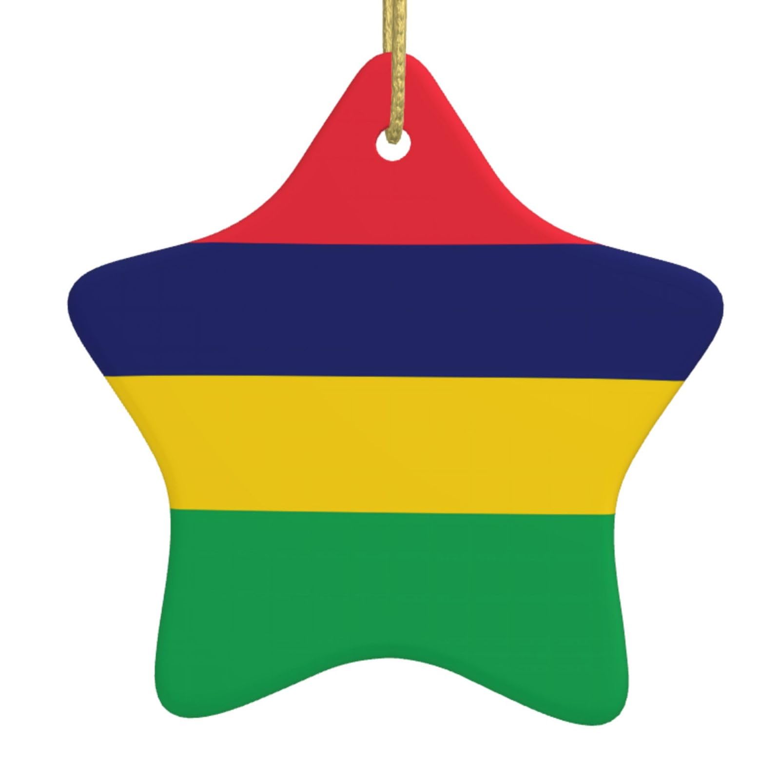 Flag of Mauritius Christmas Ceramic Star Pendant with Punched Holes and Gold Wire Rope, Christmas Tree Home Decoration