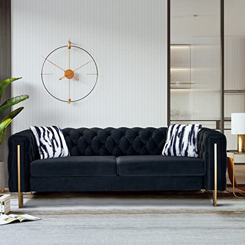 Image of Dolonm Velvet Tufted Sofa for Living Room, 84 inch Mid-Century Modern Couch with 2 Throw Pillows, High Arms & Gold Metal Legs, Luxury Chesterfield Furniture (Black)
