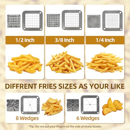 French Fry Cutter Commercial Potato Slicer with Suction Feet Complete Set, Includes 1/4", 3/8",1/2",8 Pieces,6 Pieces