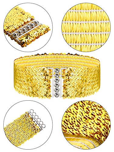 3 Pieces Sequin Belt for 70s 80s Costume Party, Disco Party Costume Wide Waist Elastic Cinch Belt Cheerleader Stretchy for Women Girl Metal Buckle Glitte (Gold Silver Black)3