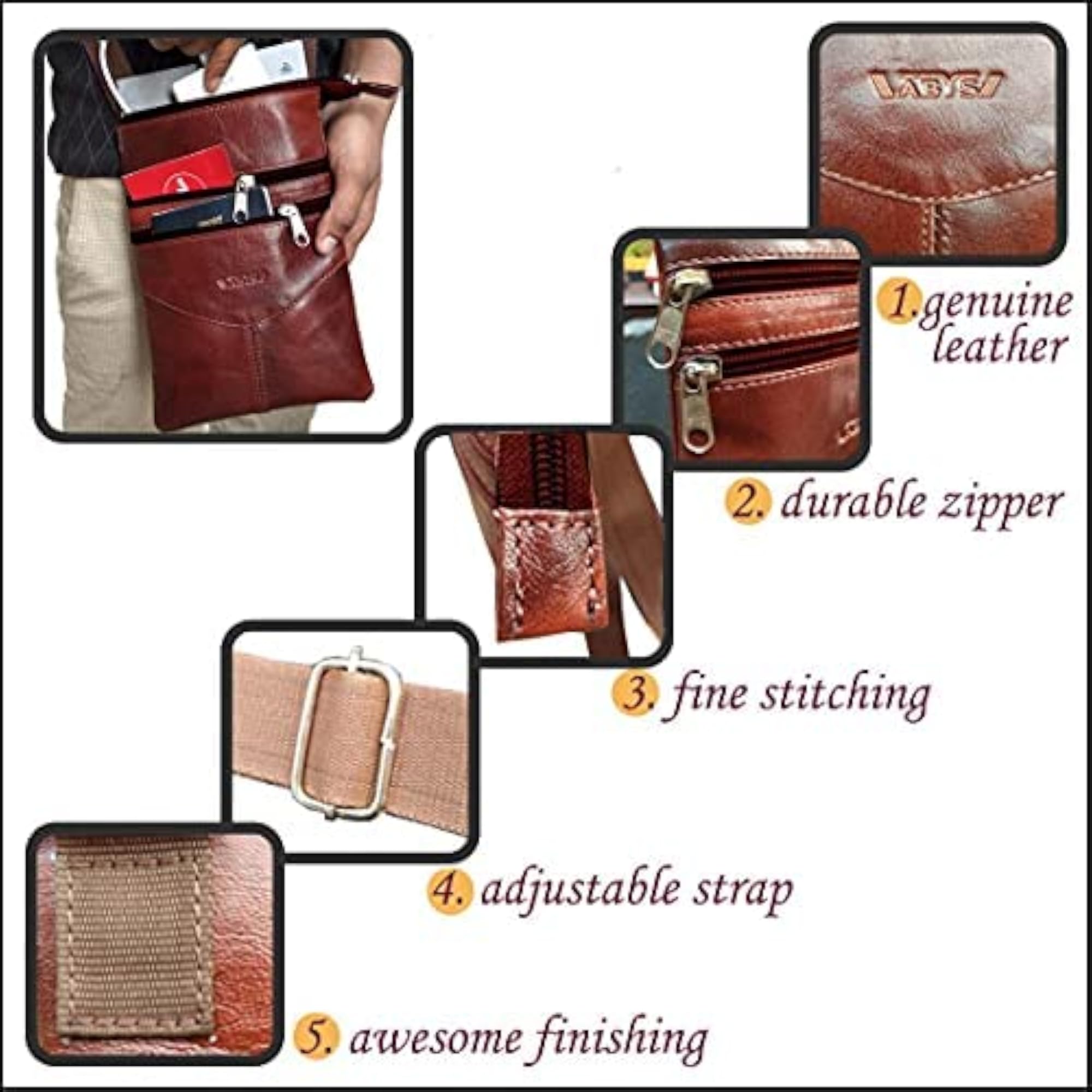 Genuine Leather Brown Unisex Neck Pouch with Adjustable Strap