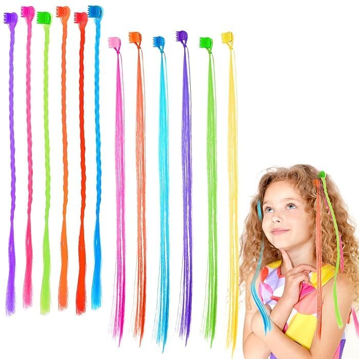 Girls Rainbow Hair Extensions – 12 Pcs Clip-In Multicolor Straight Synthetic Wigs for Kids Dress-Up, Birthday Party, School Events & Costumes (Pack of 12)-image-39