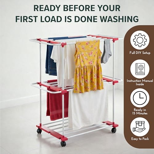 Image of TNT THE NEXT TREND Trixy 2 Layer Carbon Steel Indoor & Outdoor Clothes Drying Stand with U-Bar, Wheels, 33.4 ft Drying Space, (L96 x B45.3 x H119.5 cm), 5 Year Rust Proof Warranty, Cherry
