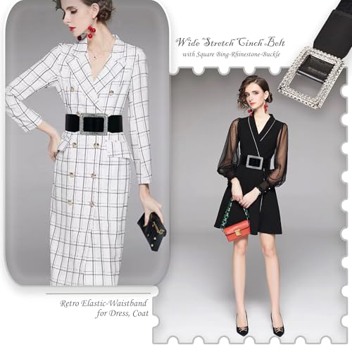 Rhinestone Stretchy Wide Belts for Women, Ladies Cinch Corset PU-Leather Retro Elastic Waistband for Dress Coat S/M2