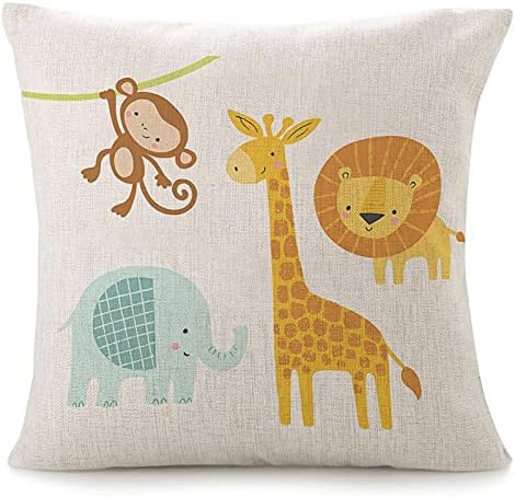 Throw Pillow Covers For Couch Cute Jungle Animal Bed Or Sofa Pillows Case Funny Elephant Lion Giraffe Monkey Kids Baby Jungle Children Tree Colorful Funny Decorative Square Linen Cushion Cover 18"X18"