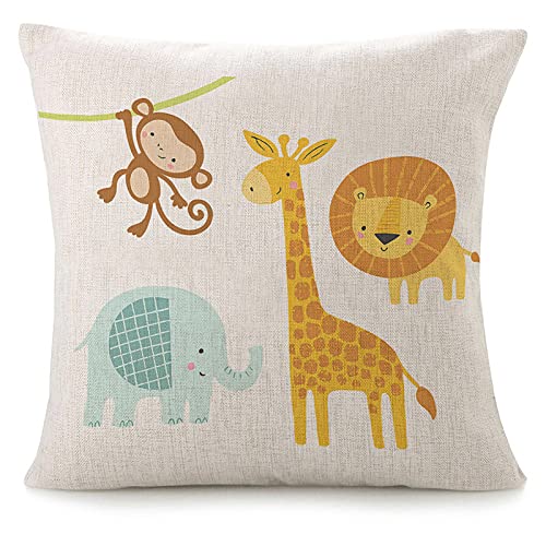 Throw Pillow Covers For Couch Cute Jungle Animal Bed Or Sofa Pillows Case Funny Elephant Lion Giraffe Monkey Kids Baby Jungle Children Tree Colorful Funny Decorative Square Linen Cushion Cover 18"X18" #TOP23