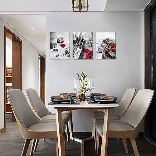 Canvas Wall Art Decor Wine Painting Artwork Poster Red Wine In Cups With Ice Rose Black White Canvas Wall Art Print Framed Pictures Red Rose Poster Giclee For Kitchen Bar Home Decorations 3 Piece #TOP2