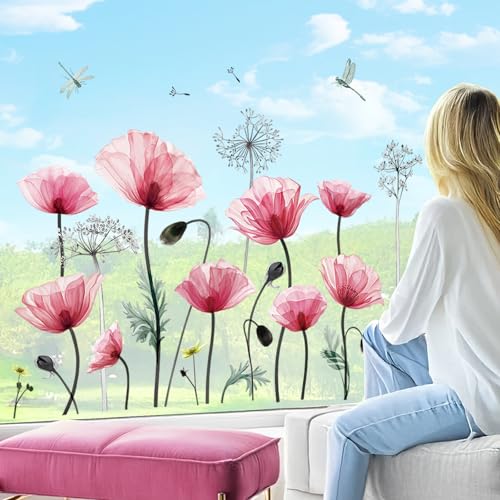decalmile Poppy Flower Window Clings Pink Watercolor Floral Blossom Plants Anti-Collision Glass Doors Window Stickers Gifts for Mom