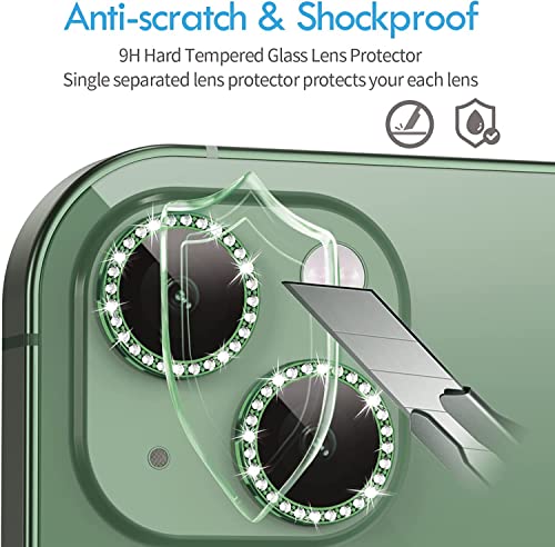 Image of inchCamera Lens Protector Ring Compatible with iPhone 13 / iPhone 13 Mini, Luxury Diamond Design Camera Lens Protection Cover, Anti-Scratch, Anti-Fingerprint, Durable Metal Ring Guard for Stylish Lens Protection inchGreen