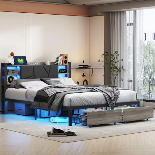 RTYUSWL Cama de metal de 180 x 200 cm con cajones, marco de cama LED con cabecero con puertos USB, base de cama plataforma de hierro con iluminación LED y 2 cajones de almacenamiento, cama de