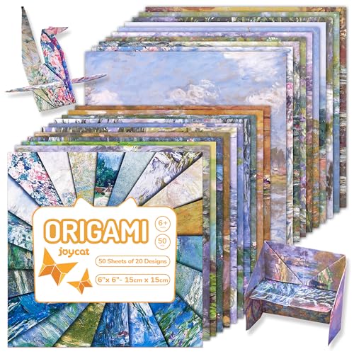 JoyCat Papel de origami inspirado no Monet, 50 folhas de 6 x 6 polegadas, papel dobrável frente e verso para adultos e artistas