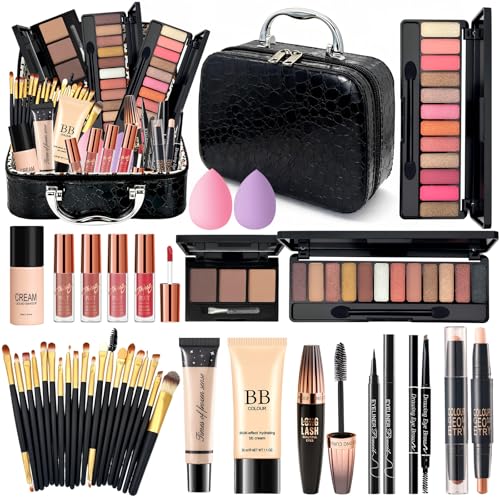 Kit Maquillaje Mujer Profesional Completo, Set de Maquillaje Adolescente Chica con Bolsa Maquillaje Viaje, Estuche Maquillaje Regalo con Paleta Sombras Ojos BB Cream Rímel Gloss Labios Base Maquillaje