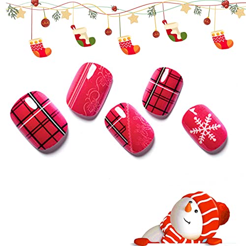 Christmas Press on Nails GLAMERMAID Red Snow Fake Nails with Plaid Design, Red Snowflake Stick Glue on Nails Set for Women Girlfriend Christmas Santa Gift, Reusable Gel Nails for Festive Party, 24Pcs