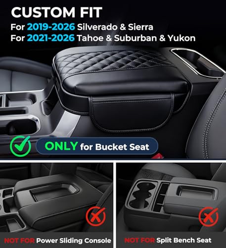 Image of Center Console Cover for Chevrolet Silverado & GMC Sierra 2019-2026, Tahoe & Suburban & Yukon 2021-2026, Fits Bucket Seat Only, 1.2-Inch Thick PU Leather Armrest Protector with 2 Side Pockets