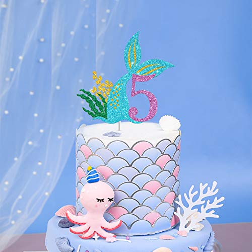 Ambishi Mermaid Five Cake Topper, Happy 5Th Birthday Cake Decor, I'm 5 Sign, Little Mermaid Birthday Party Decoration Supplies, Daughter Of The Sea, Under The Sea Themed, Ocean Themed - Glitter #TOP3