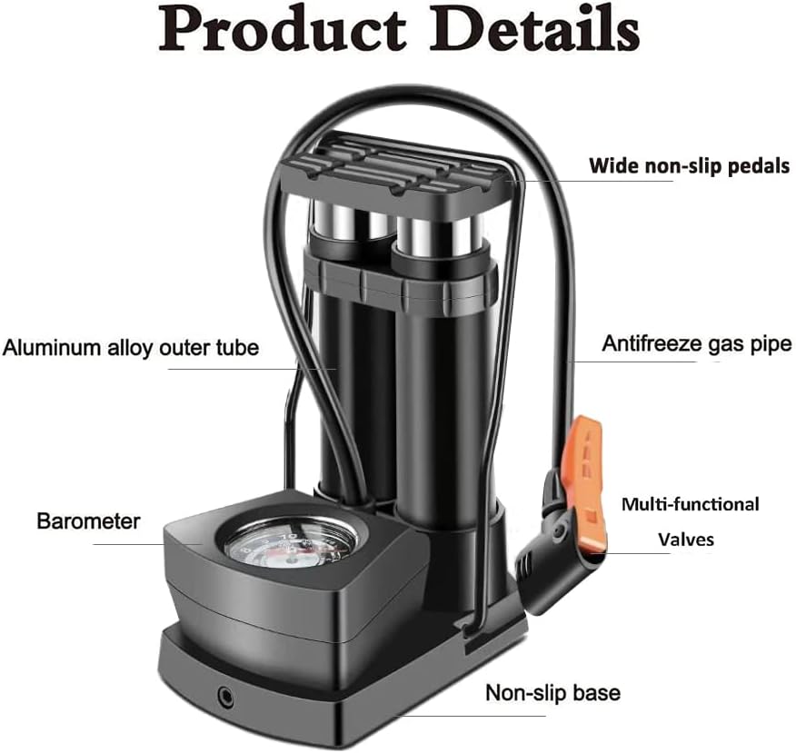 Double Barrel Bike Floor Foot Pump,Portable Bicycle Air Pump Inflator Foot Pump with 140PSI Precision Pressure Gauge Tire Pumps with Presta and Schrader Valve Portable,Fits Car, Bicycle and Toys etc