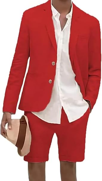 Mens Suit Linen Blazer with Short Pants,Slim Fit Summer Groomsmen Beach Wedding 2 Piece Casual Party Male Sets