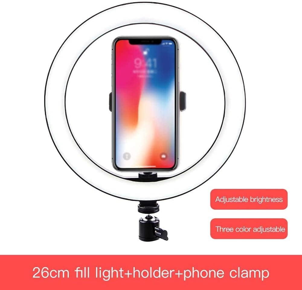 10 inch Led Selfie Light Height Adjustable Protable Ring Lamp Tricolor Dimming 10-Level Brightness Professional Beauty Ringlight 360° Rotatable Illumination Angle
