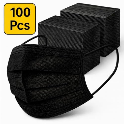 Image of (Pack of 100) Black Disposable Face Masks, 3-Ply with Ear Loops