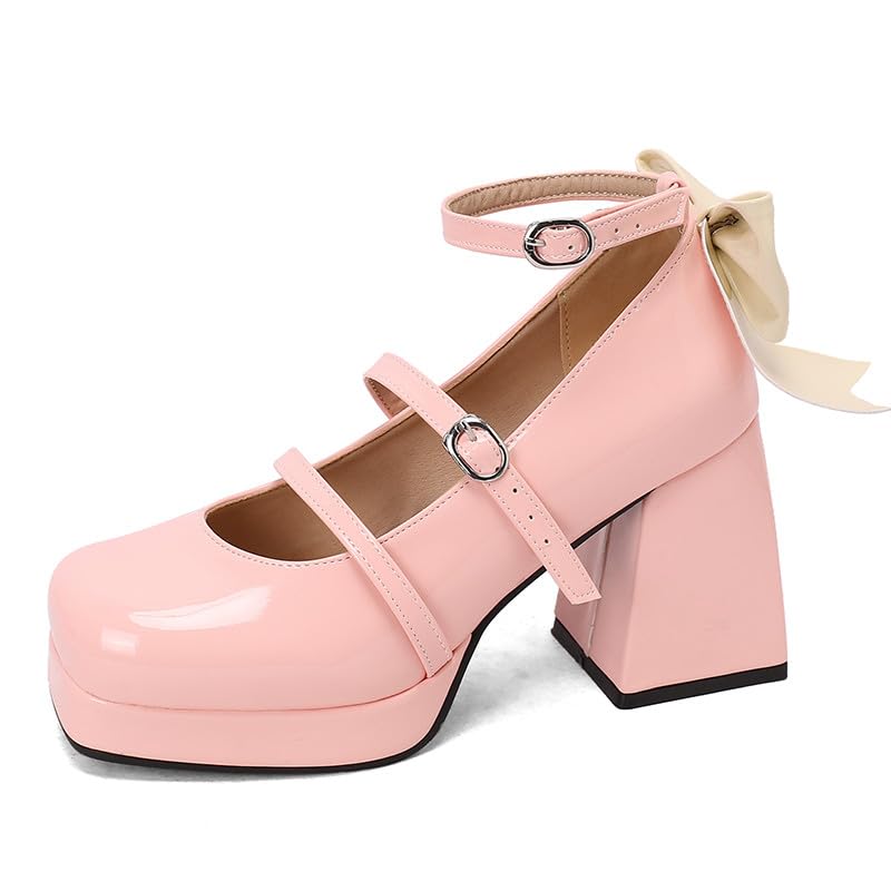 FIFSY Platform Mary Jane Shoes Square Toe Strappy Mary Jane Heels with Bow Women's High Chunky Platform Pumps Heels Closed Toe Heels Comfortable Dress Wedding Party Shoes