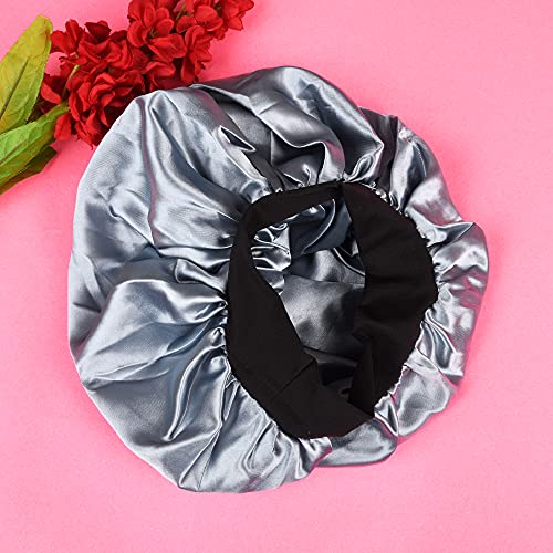 Image of Satin Silk Premium Sleeping caps, Comfortable & Soft Double layered Streachable Hair Bonnets For All Head Sizes & Hair Type, Night Care Routine - Pack Of 1 Pcs - Silver